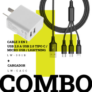 COMBO CACC ADAPTADOR + CABLE 3 EN 1 USB 2.0 A USB 2.0 TIPO C / MICRO USB / LIGHTNING