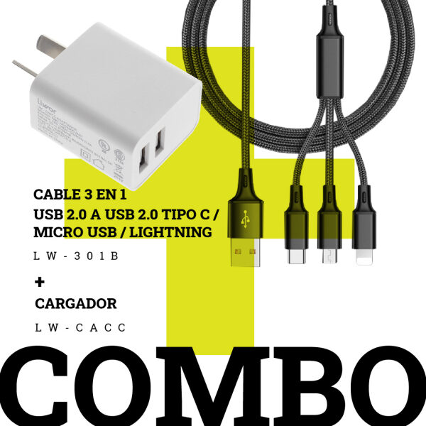 COMBO CACC ADAPTADOR + CABLE 3 EN 1 USB 2.0 A USB 2.0 TIPO C / MICRO USB / LIGHTNING