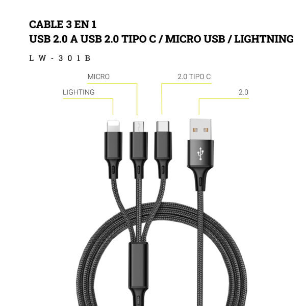 COMBO CACC ADAPTADOR + CABLE 3 EN 1 USB 2.0 A USB 2.0 TIPO C / MICRO USB / LIGHTNING - Imagen 3